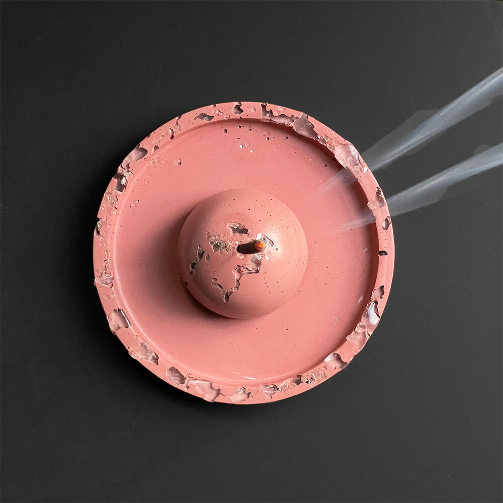 Pink Cement Incense Burner and Tray with Clear Quartz Crystals