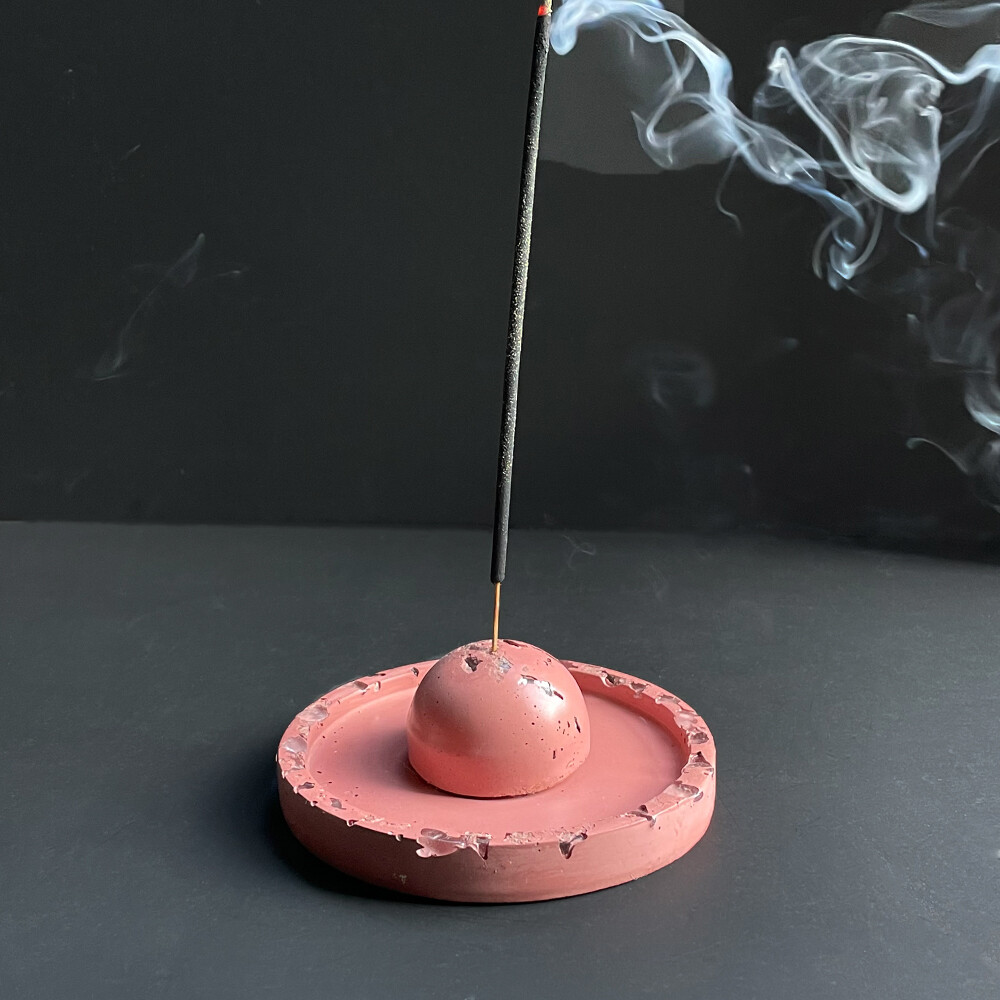 Pink Cement Incense Burner and Tray with Clear Quartz Crystals
