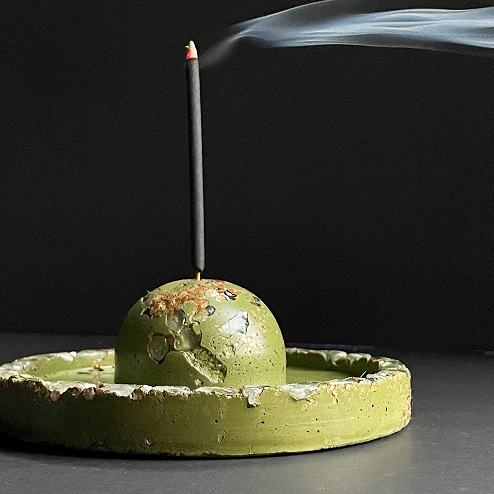 Green Incense Burner with Gold Mica and Clear Quartz Crystals