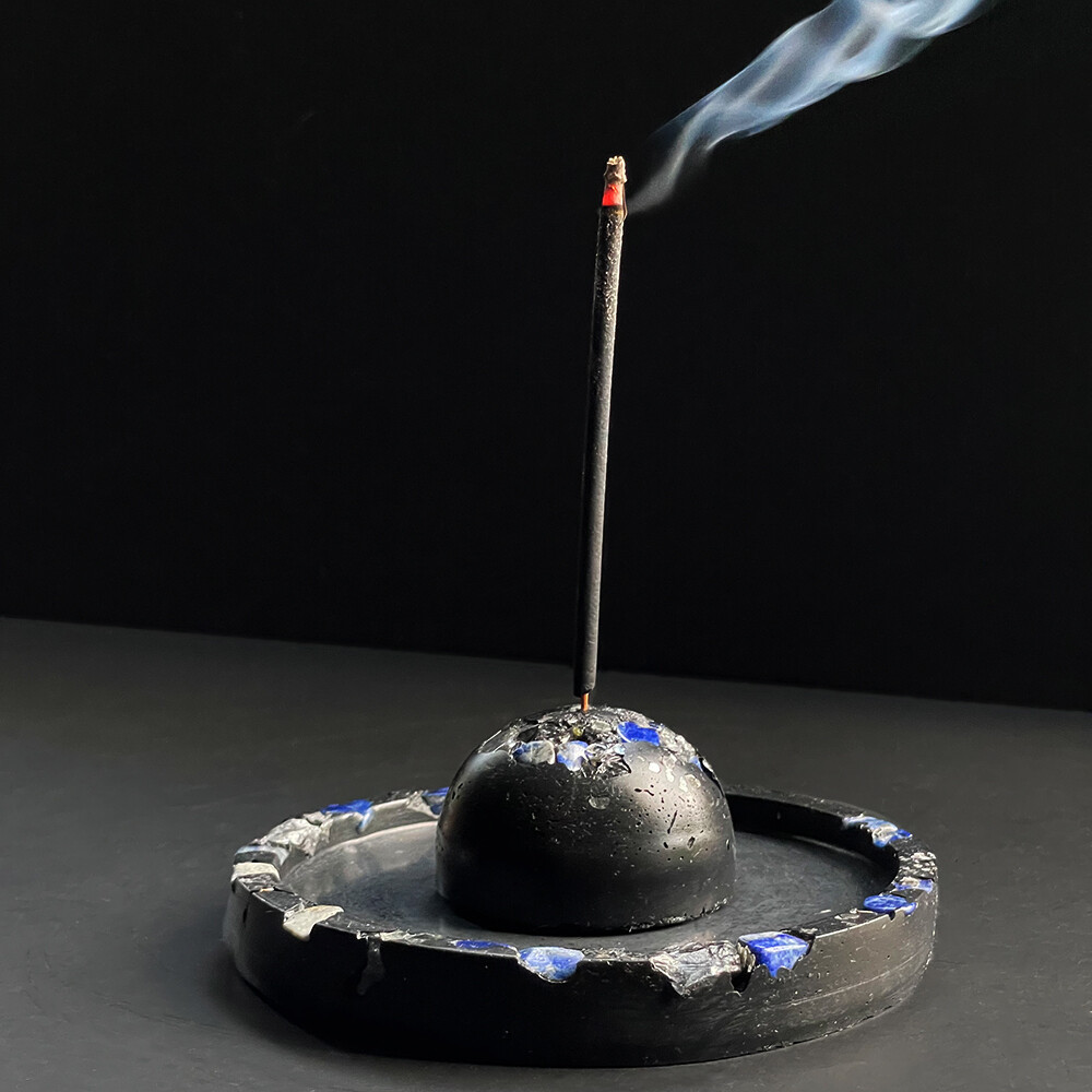 Black Cement Incense Burner and Tray with Lapis Lazuli, Clear Quartz Crystals and Silver Mica