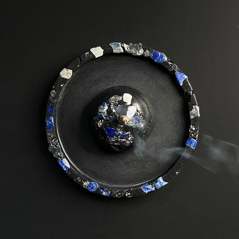 Black Cement Incense Burner and Tray with Lapis Lazuli, Clear Quartz Crystals and Silver Mica