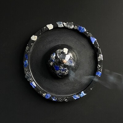 Black Incense Burner and Tray with Lapis Lazuli, Clear Quartz Crystals and Silver Mica