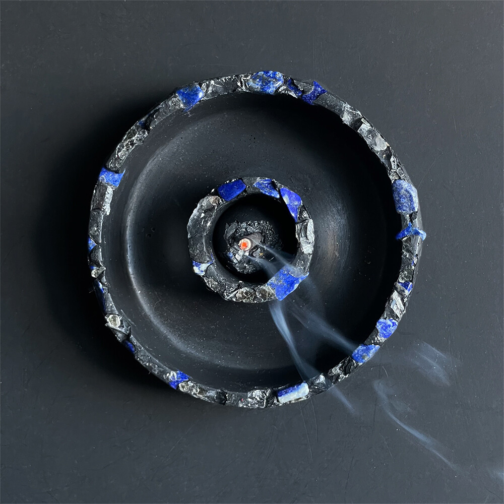Black Censer Bowl with Lapis Lazuli, Clear Quartz and Silver Mica