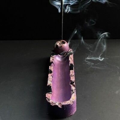 Purple Incense Burner with Obsidian, Clear Quartz Crystals and Silver Mica