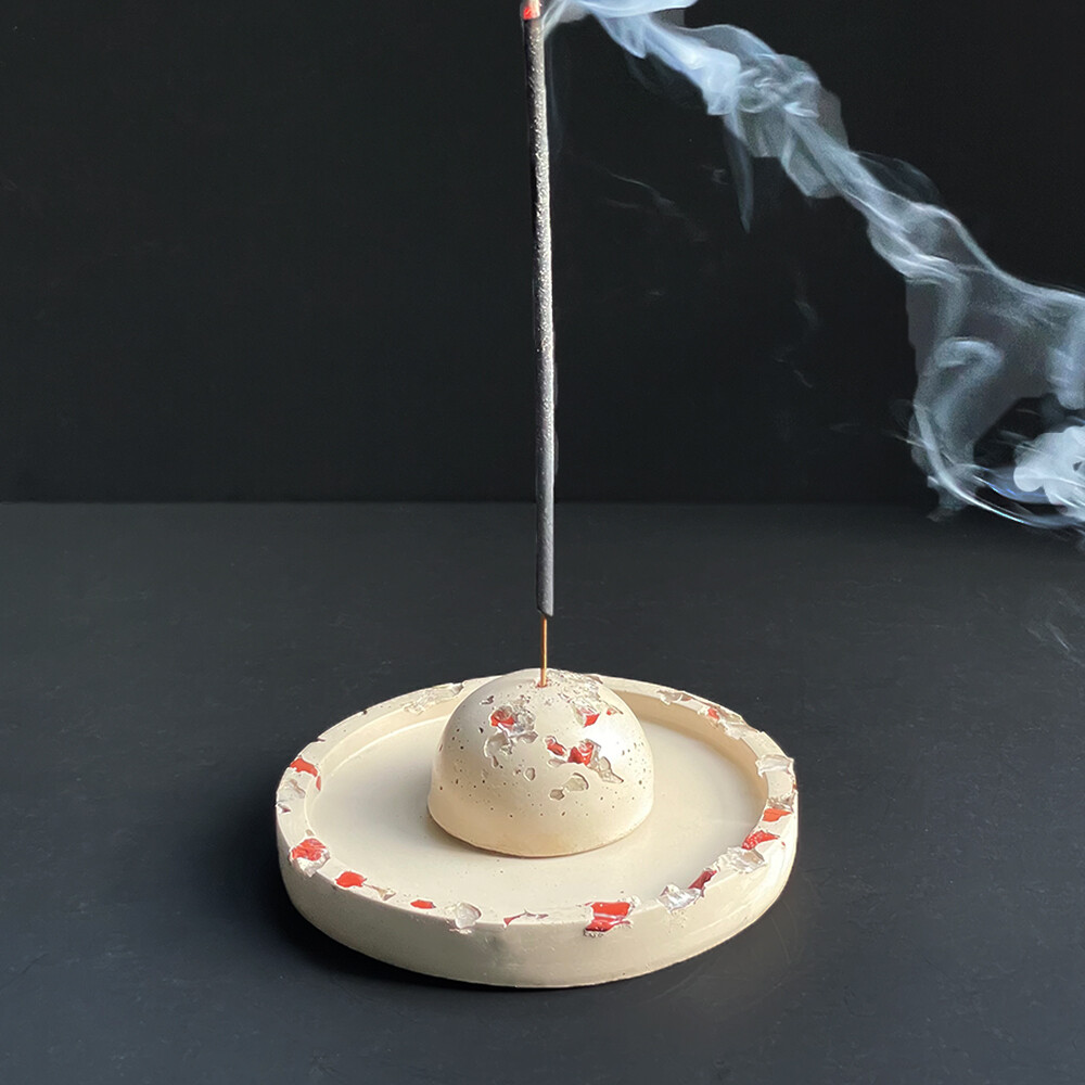 Beige Incense Burner and Tray with Red Jasper and Clear Quartz Crystals