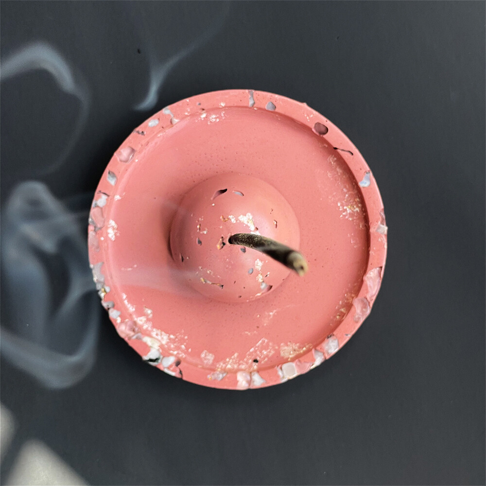 Pink Cement Incense Burner and Tray with Moonstone, Silver Leaf, and Clear Quartz Crystals