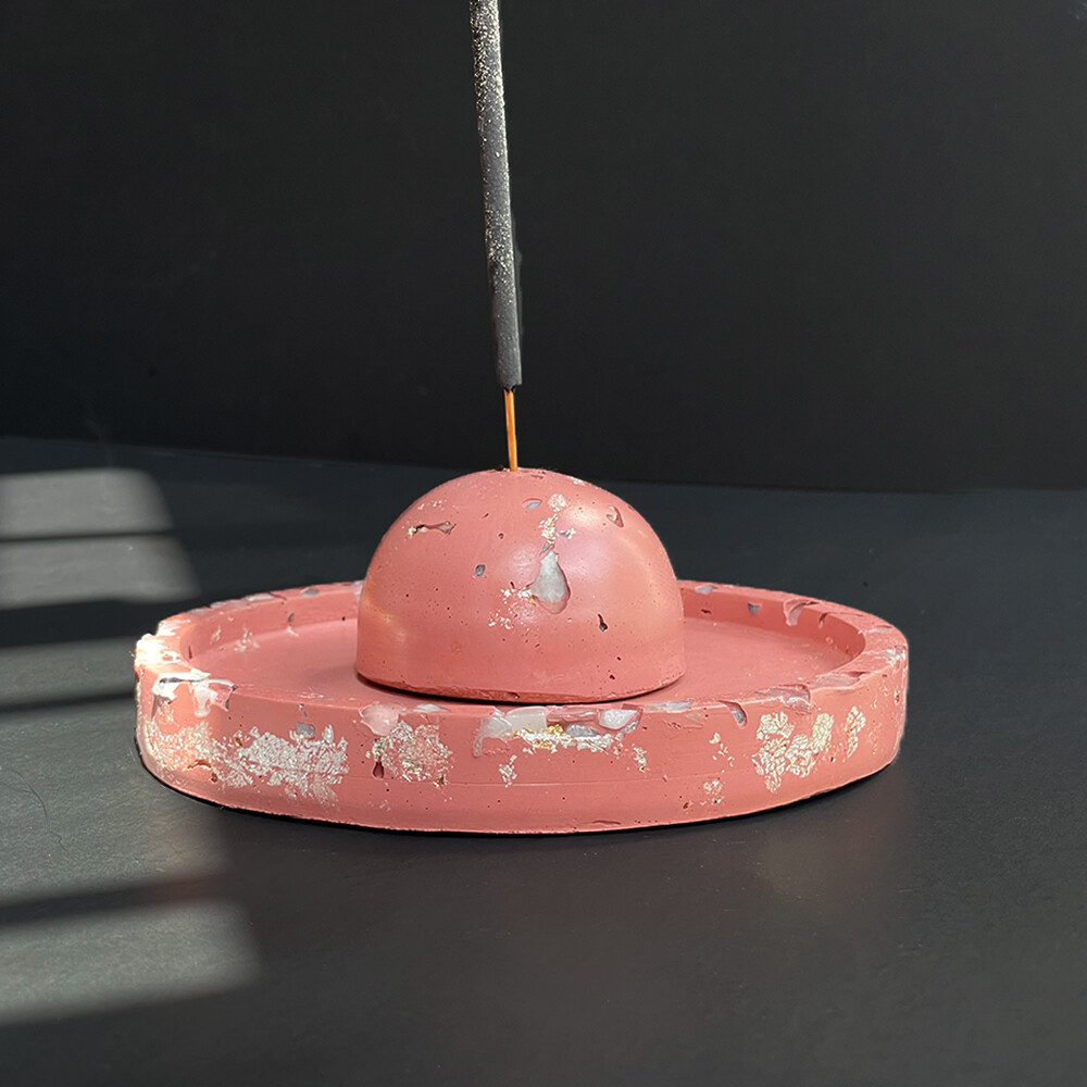 Pink Cement Incense Burner and Tray with Moonstone, Silver Leaf, and Clear Quartz Crystals