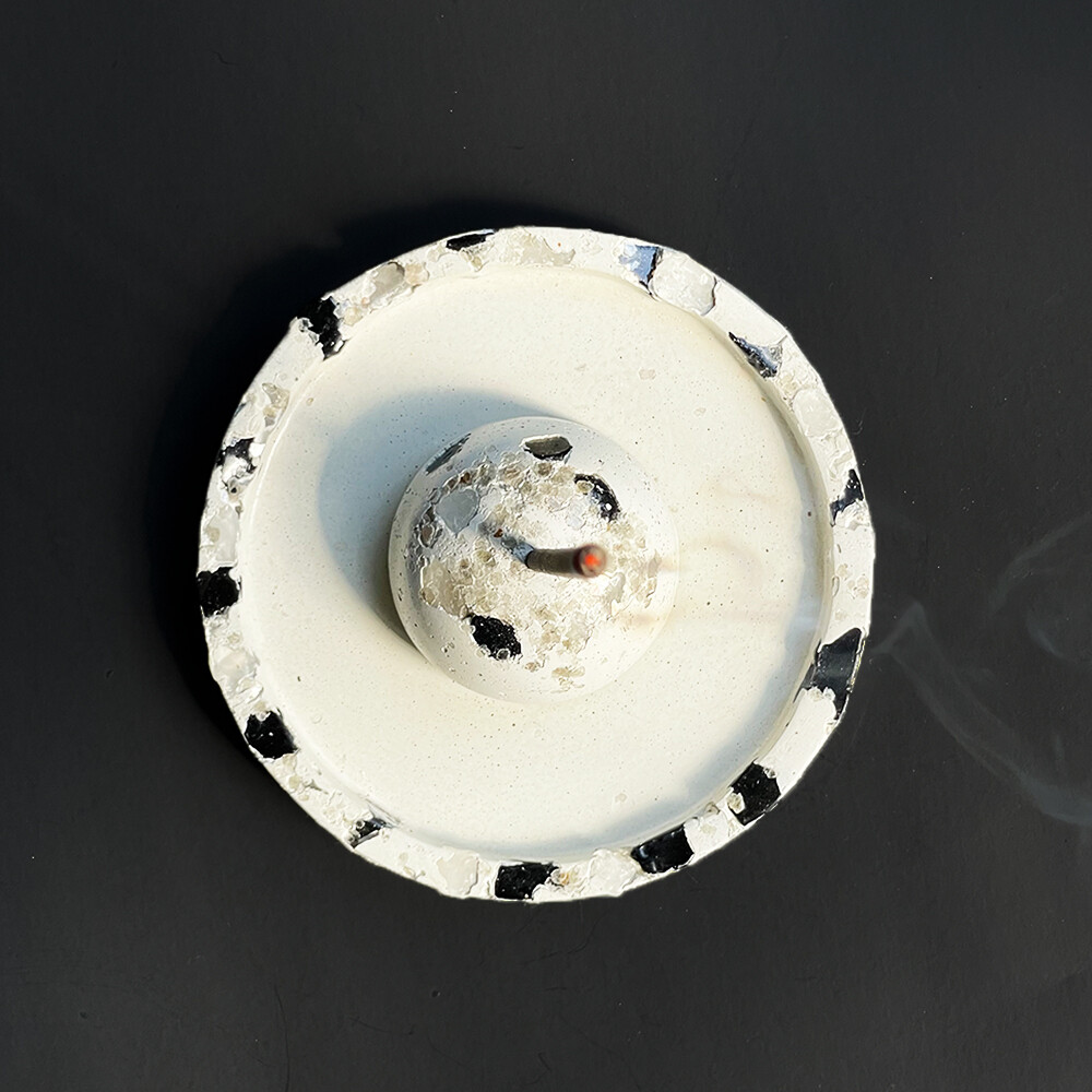 White Cement Incense Burner with Obsidian and Clear Quartz Crystals