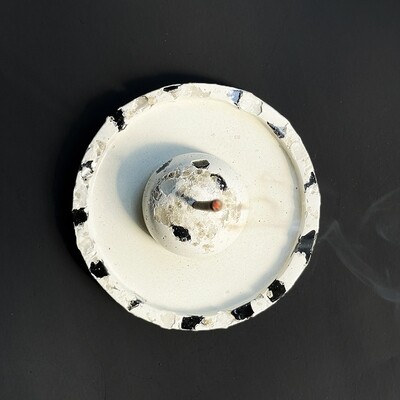 White Incense Burner with Obsidian and Clear Quartz Crystals