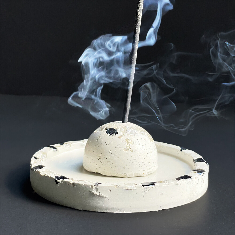 White Cement Incense Burner with Obsidian and Clear Quartz Crystals
