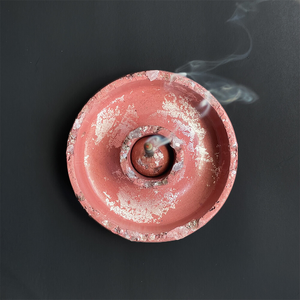 Pink Censer Bowl with Clear Quartz Crystals, Silver Mica and Silver Leaf