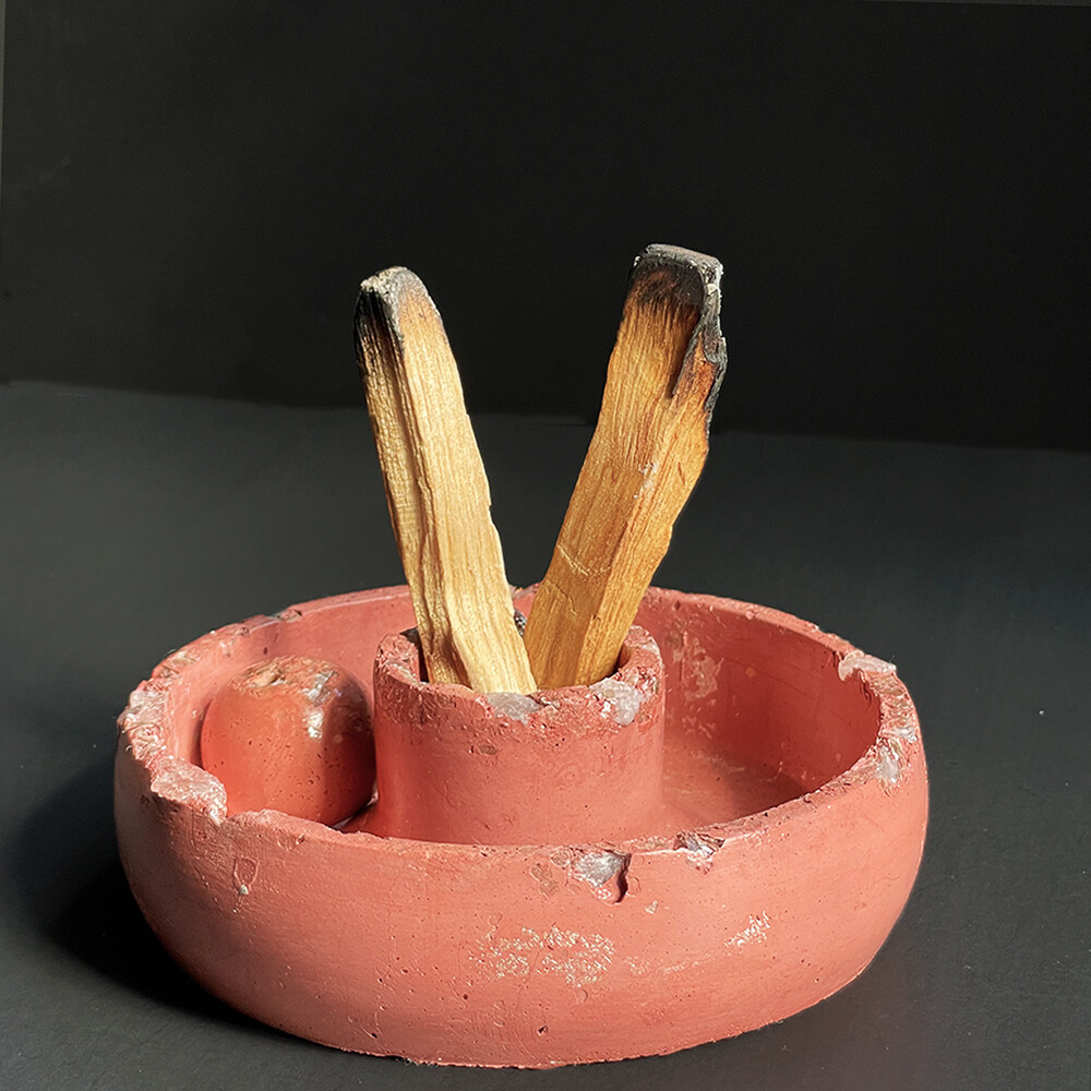 Pink Censer Bowl with Clear Quartz Crystals, Silver Mica and Silver Leaf