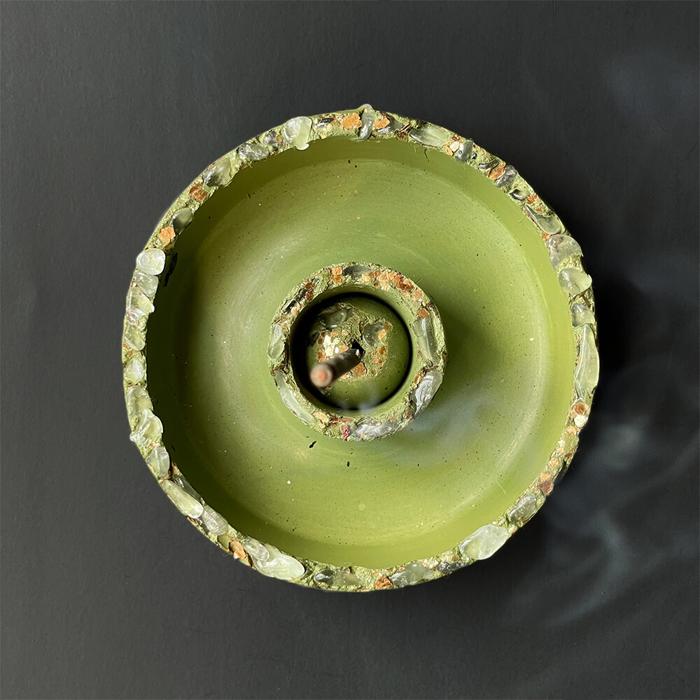 Green Censer Bowl with Clear Quartz Crystals and Gold Mica