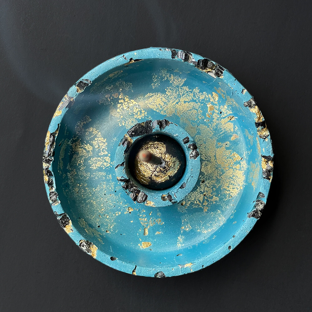 Blue Censer Bowl with Black Tourmaline and Gold Leaf