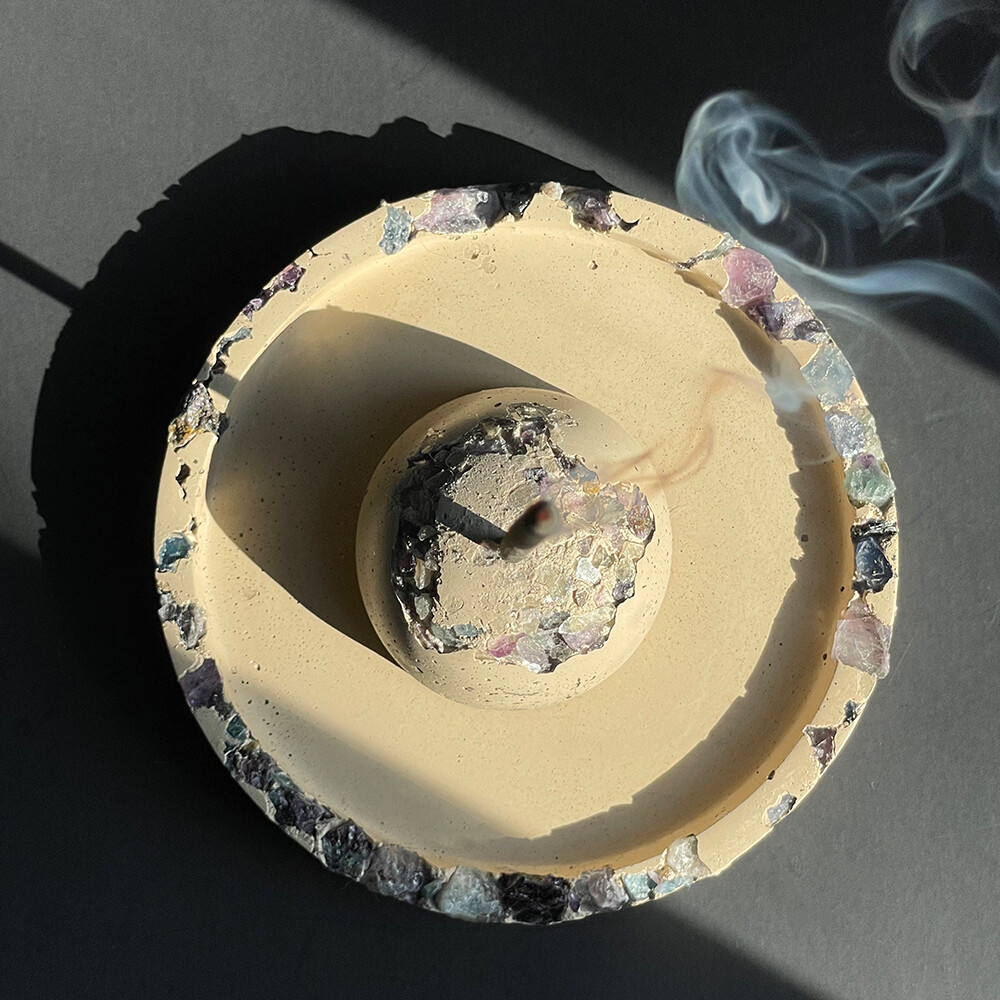 Beige Cement Incense Burner and Tray with Fluorite Crystals