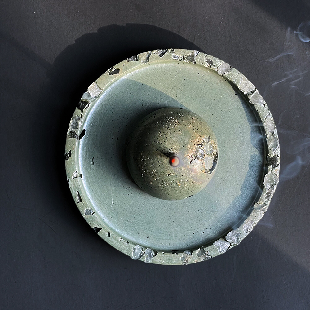 Green Cement Incense Burner and Tray  with Clear Quartz Crystals and Metallic Mica Pigments