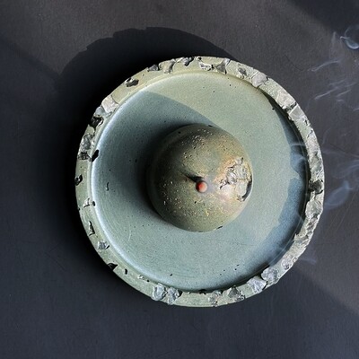 Green Incense Burner and Tray  with Clear Quartz Crystals and Metallic Mica Pigments