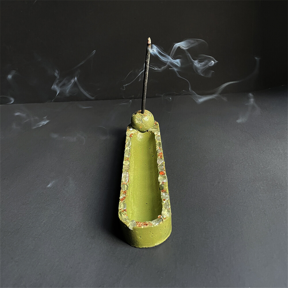 Green Incense Burner with Clear Quartz Crystals and Gold Mica
