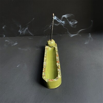 Green Incense Burner with Clear Quartz Crystals and Gold Mica