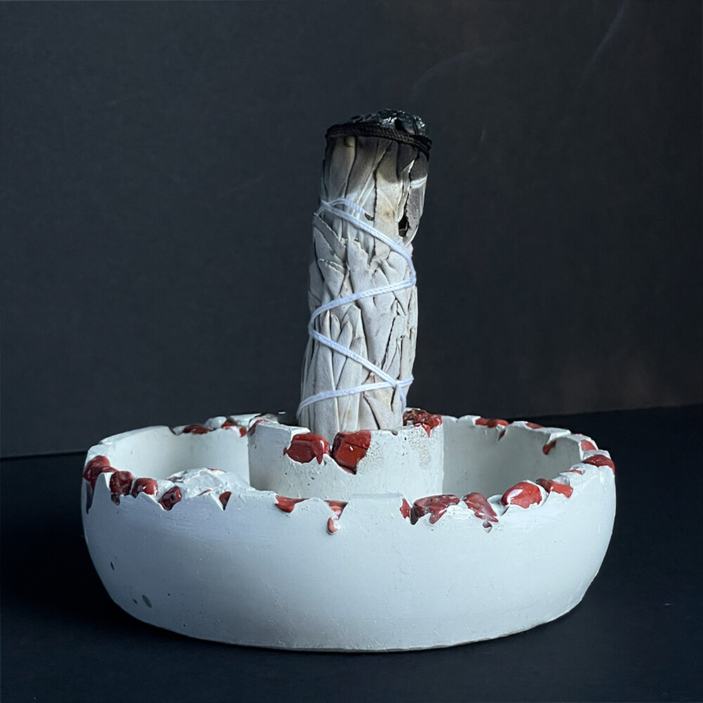 White Cement Censer Bowl with Red Jasper Stones and Pearlescent Mica Pigment