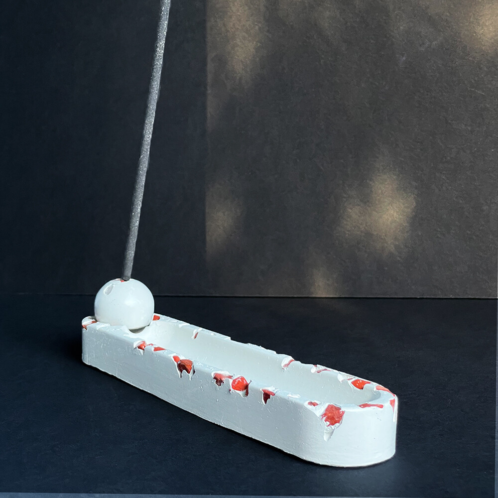 White Cement Incense Burner with Red Jasper Stones and Pearlescent Mica Pigments