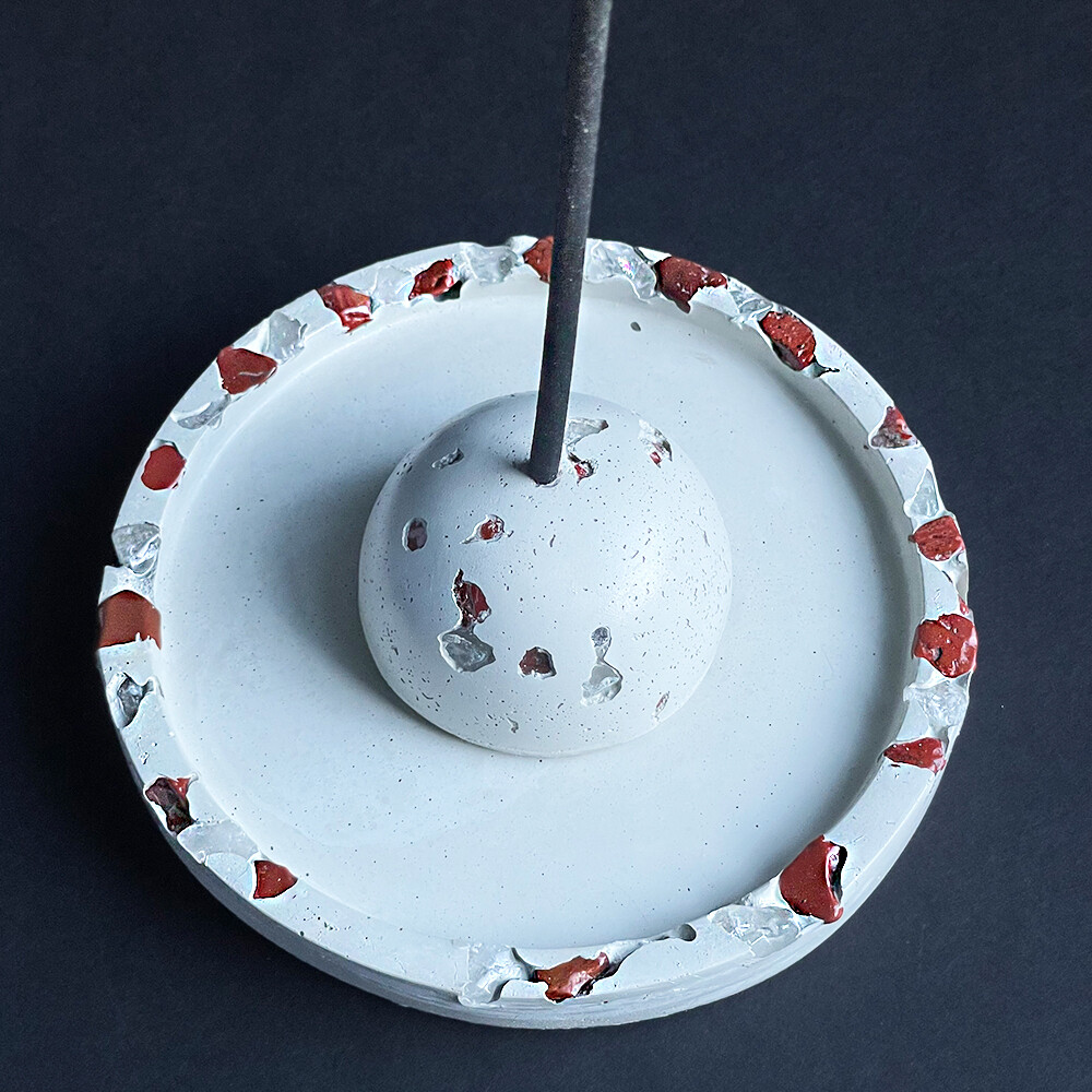 White Cement Incense Burner and Tray with Red Jasper, Clear Quartz Crystals, and Silver Mica