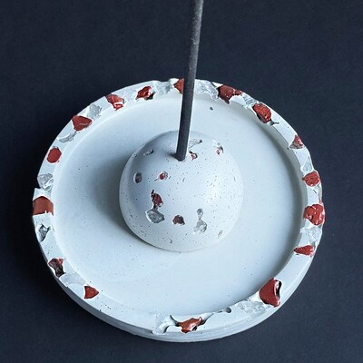 White Incense Burner and Tray with Red Jasper, Clear Quartz Crystals, and Silver Mica