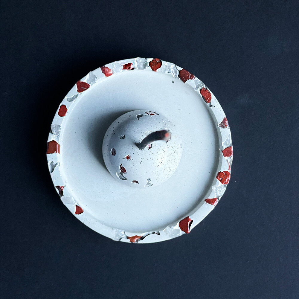 White Cement Incense Burner and Tray with Red Jasper, Clear Quartz Crystals, and Silver Mica