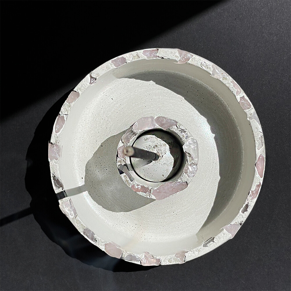 White Cement Censer Bowl with Rose Quartz Crystals and Silver Mica