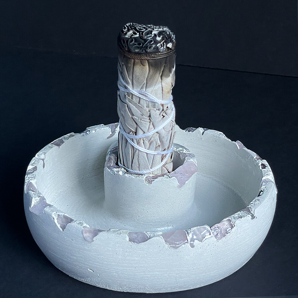 White Cement Censer Bowl with Rose Quartz Crystals and Silver Mica