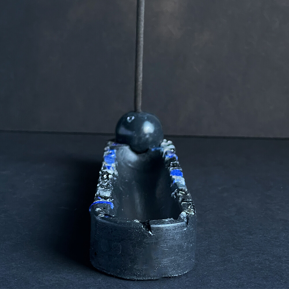 Black Cement Incense Burner with Clear Quartz Crystals, Lapis Lazuli, and Silver Mica