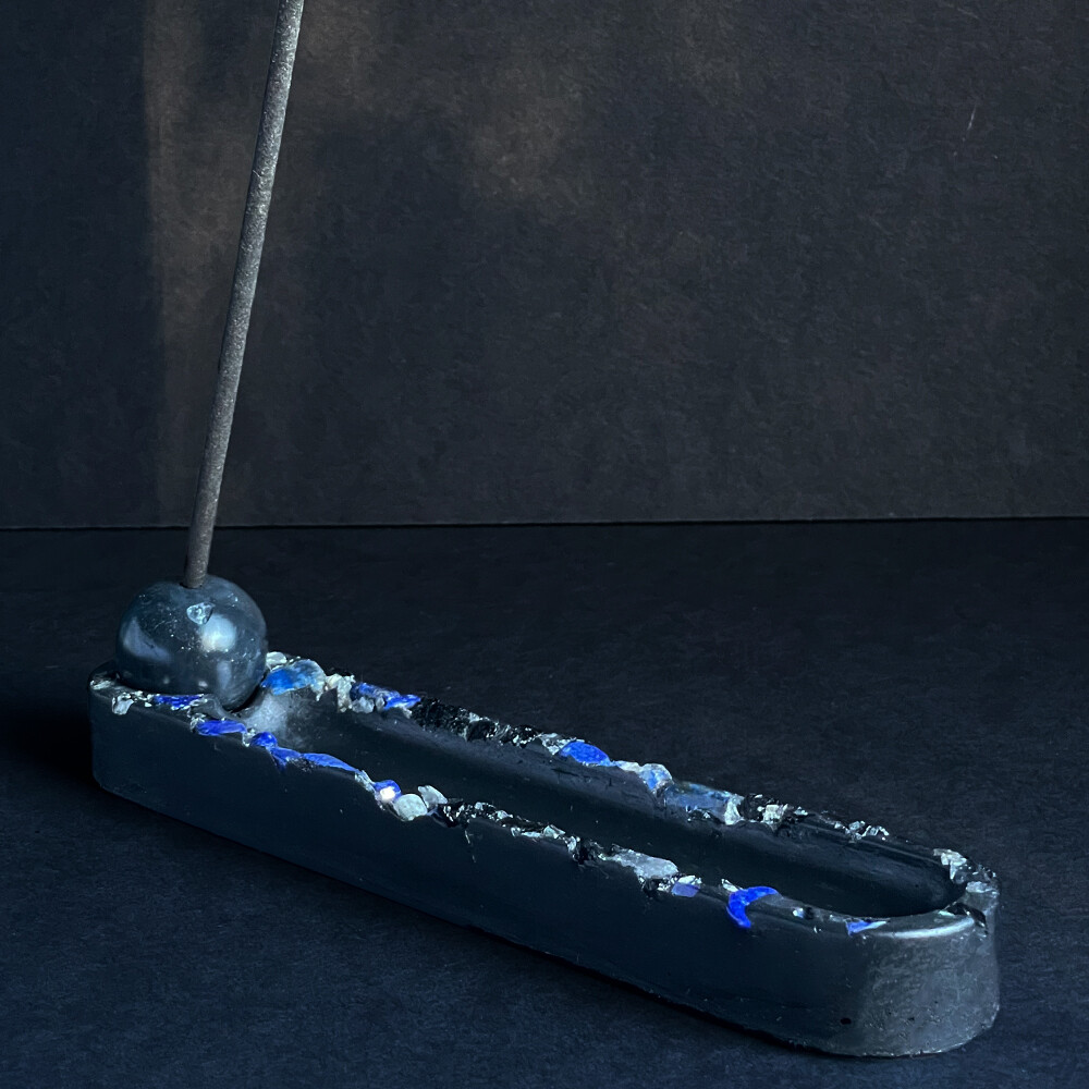 Black Cement Incense Burner with Clear Quartz Crystals, Lapis Lazuli, and Silver Mica
