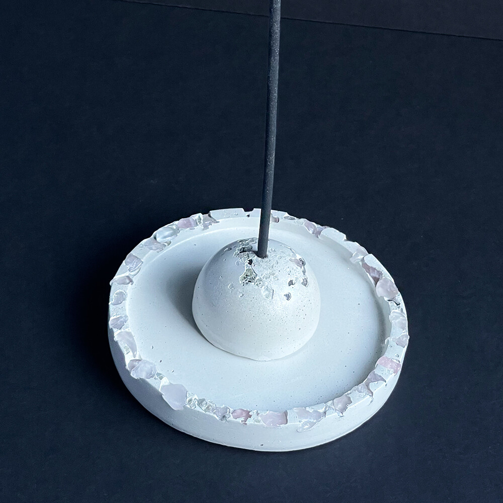 White Cement Incense Burner and Tray with Rose Quartz Crystals and Silver Mica