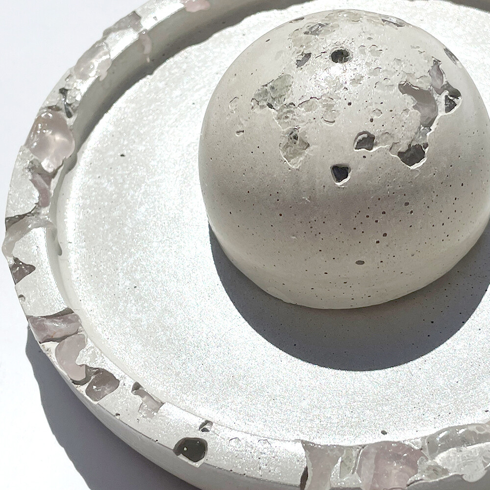 White Cement Incense Burner and Tray with Rose Quartz Crystals and Silver Mica