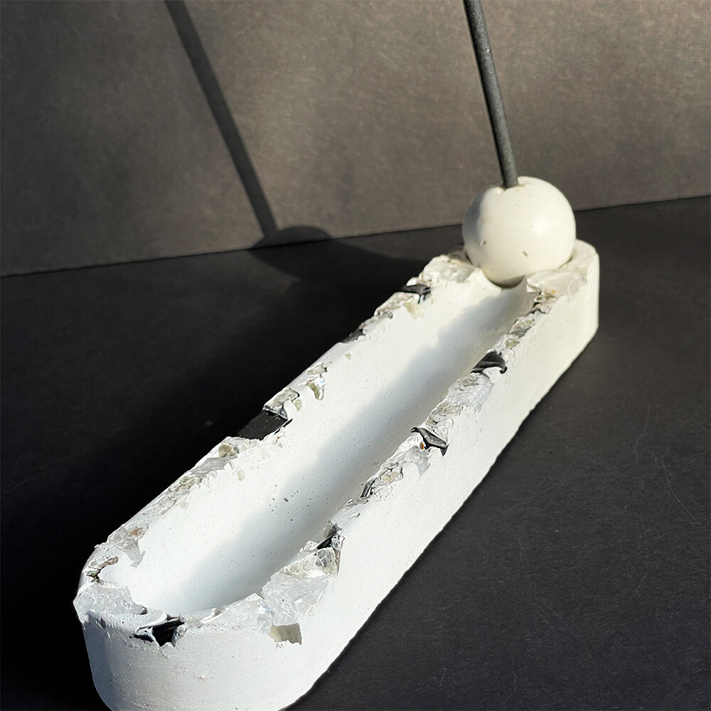 White Cement Incense Burner Infused with Clear Quartz Crystals, Obsidian, and Silver Mica