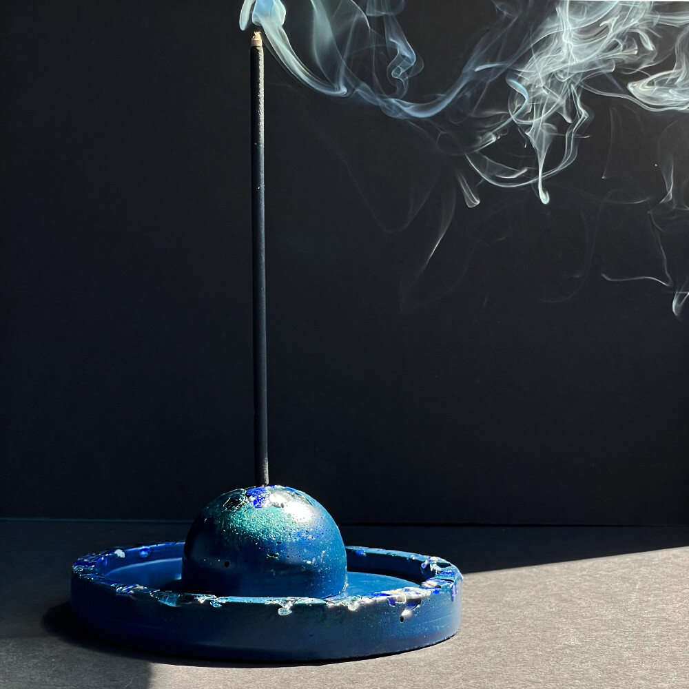 Blue Cement Incense Burner and Tray with Lapis Lazuli, Clear Quartz Crystals and Silver Mica