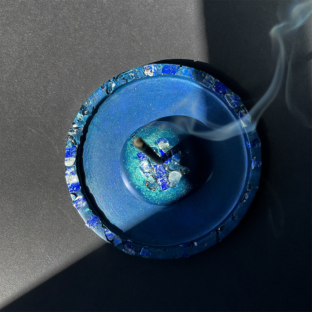 Blue Cement Incense Burner and Tray with Lapis Lazuli, Clear Quartz Crystals and Silver Mica