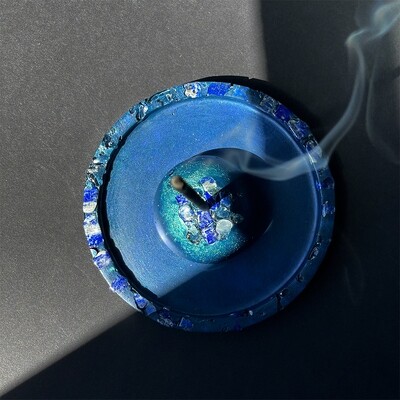 Blue Incense Burner and Tray with Lapis Lazuli, Clear Quartz Crystals and Silver Mica