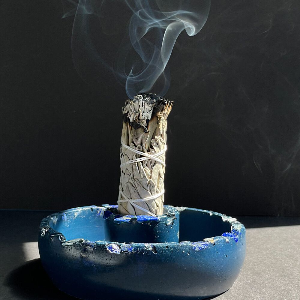 Blue Censer Bowl with Lapis Lazuli, Clear Quartz Crystals and Silver Mica