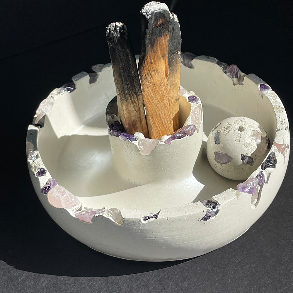 White Cement Censer Bowl with Amethyst and Rose Quartz Crystals and Silver Mica