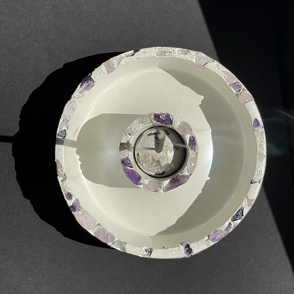 White Cement Censer Bowl with Amethyst and Rose Quartz Crystals and Silver Mica