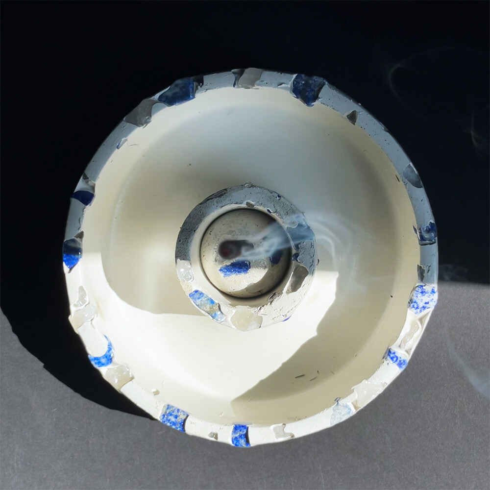 White Censer Bowl with Clear Quartz Crystals, Lapis Lazuli, and Pearlescent Mica Pigment