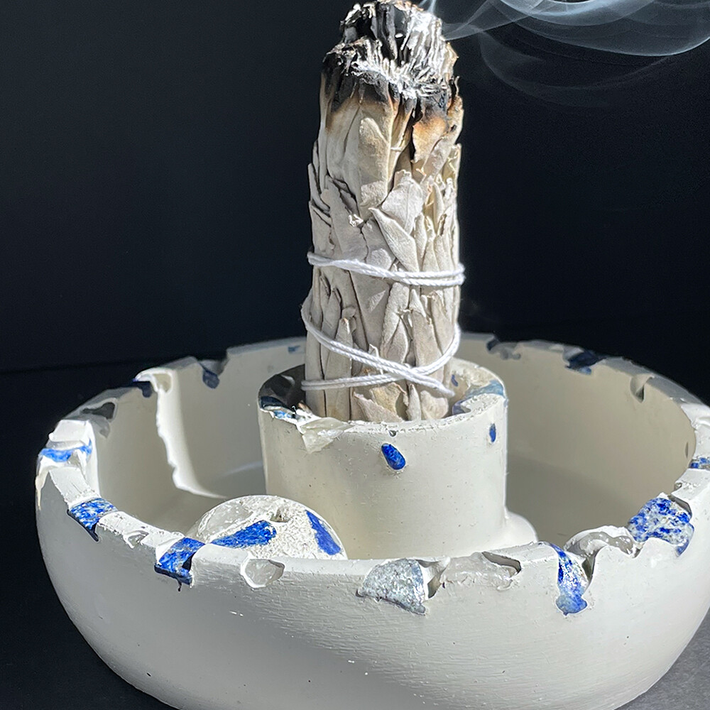 White Censer Bowl with Clear Quartz Crystals, Lapis Lazuli, and Pearlescent Mica Pigment