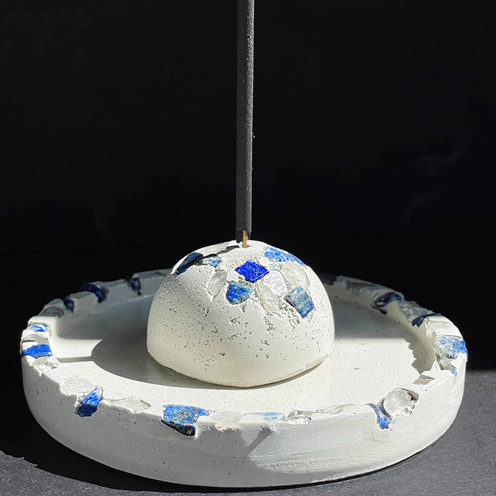 White Cement Incense Burner and Tray with Lapis Lazuli and Clear Quartz Crystals