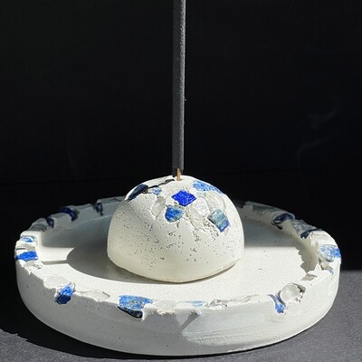 White Incense Burner and Tray with Lapis Lazuli and Clear Quartz Crystals