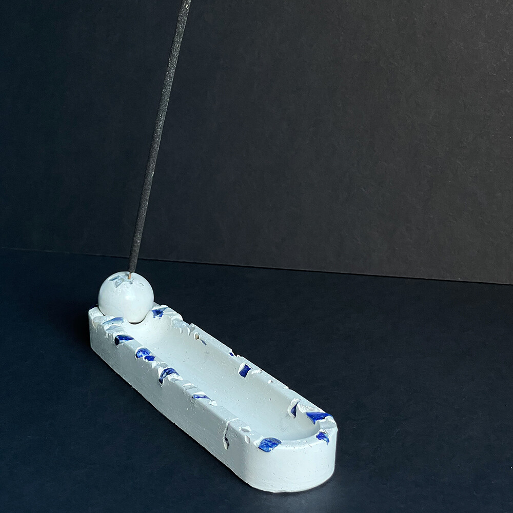 White Cement Incense Burner with Lapis Lazuli and Clear Quartz Crystals