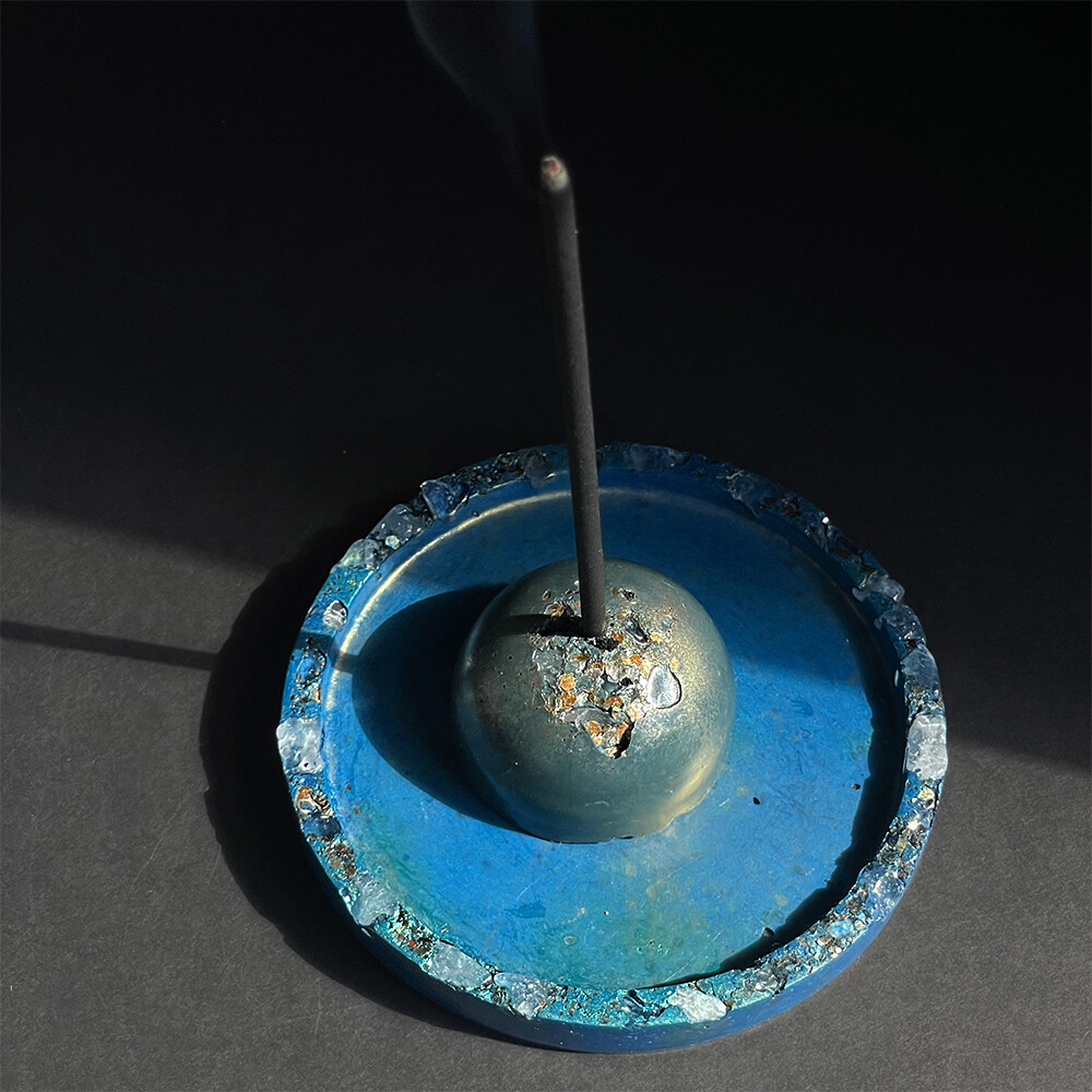 Blue Incense Burner with Clear Quartz Crystals, Gold Mica, and Metallic Mica Pigments