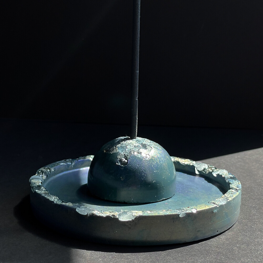 Blue-Green Cement Incense Burner with Clear Quartz Crystals and Silver Mica