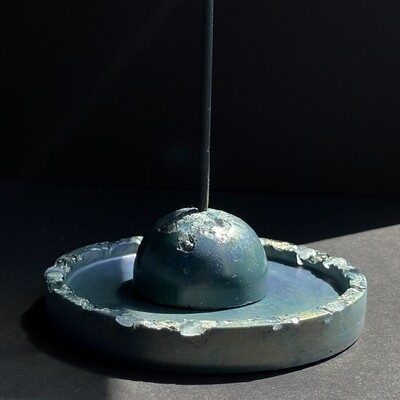 Blue-Green Incense Burner with Clear Quartz Crystals and Silver Mica