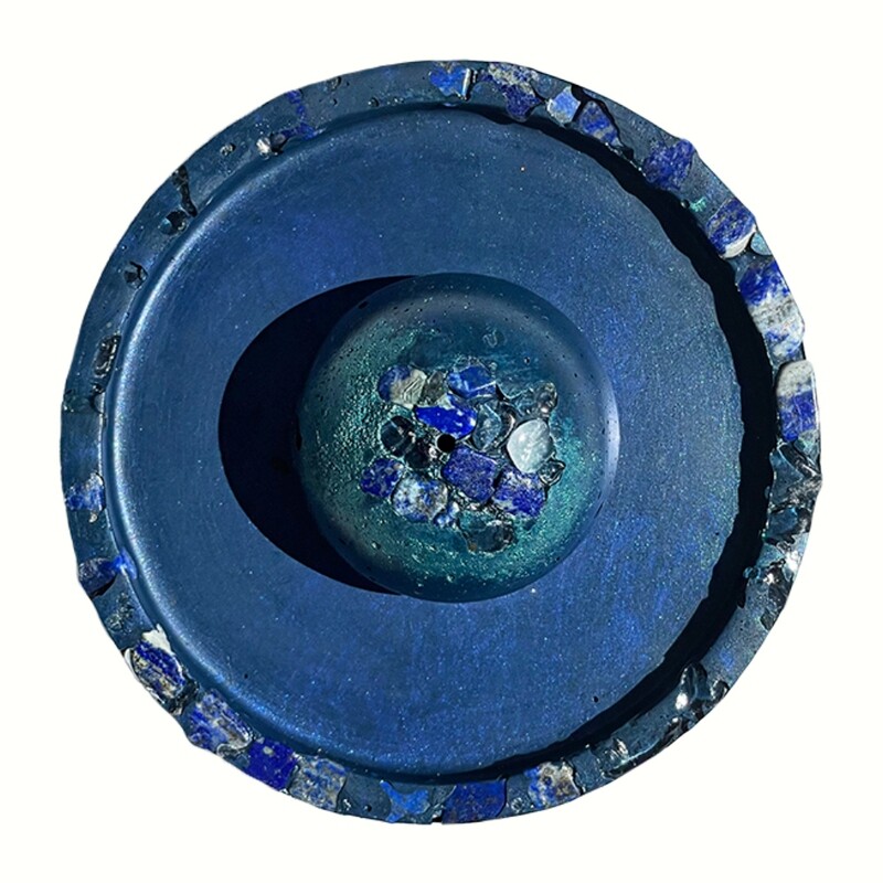 Blue Cement Incense Burner and Tray with Lapis Lazuli, Clear Quartz Crystals and Silver Mica